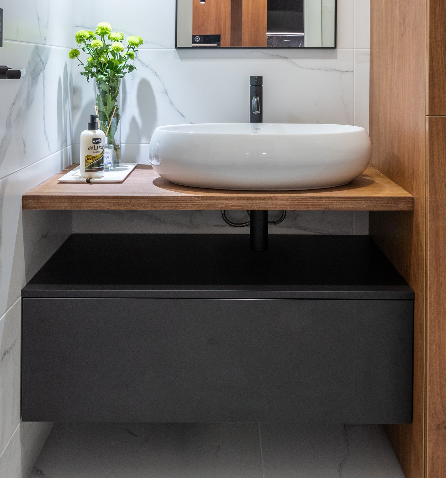 36" Black Floating Bathroom Vanity With Vessel Sink